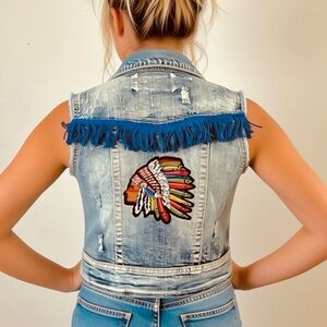 Custom Denim Vest Native American Princess Embroidery with Fringe Western Yoke